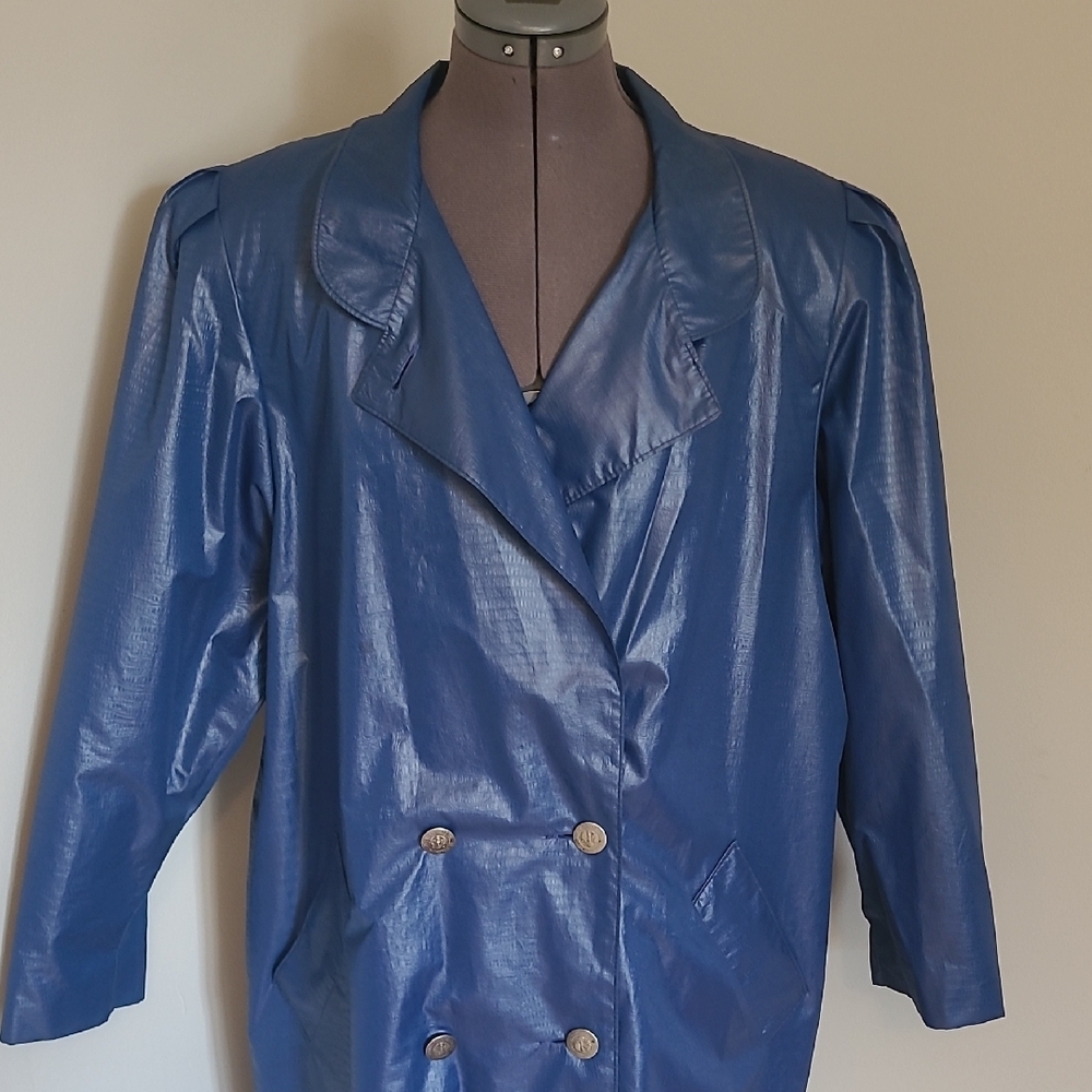 LG Vintage Longline Blue Trench Coat Notched Lapels Faux Leather 80s Glamour - Picture 8 of 16
